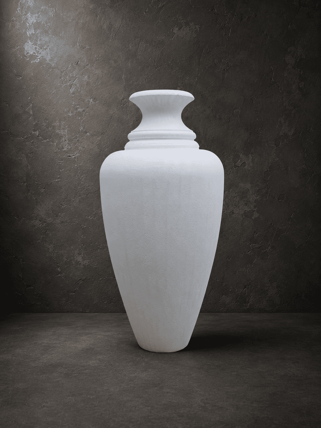 Classical white decorative urn form with rounded body and flared neck