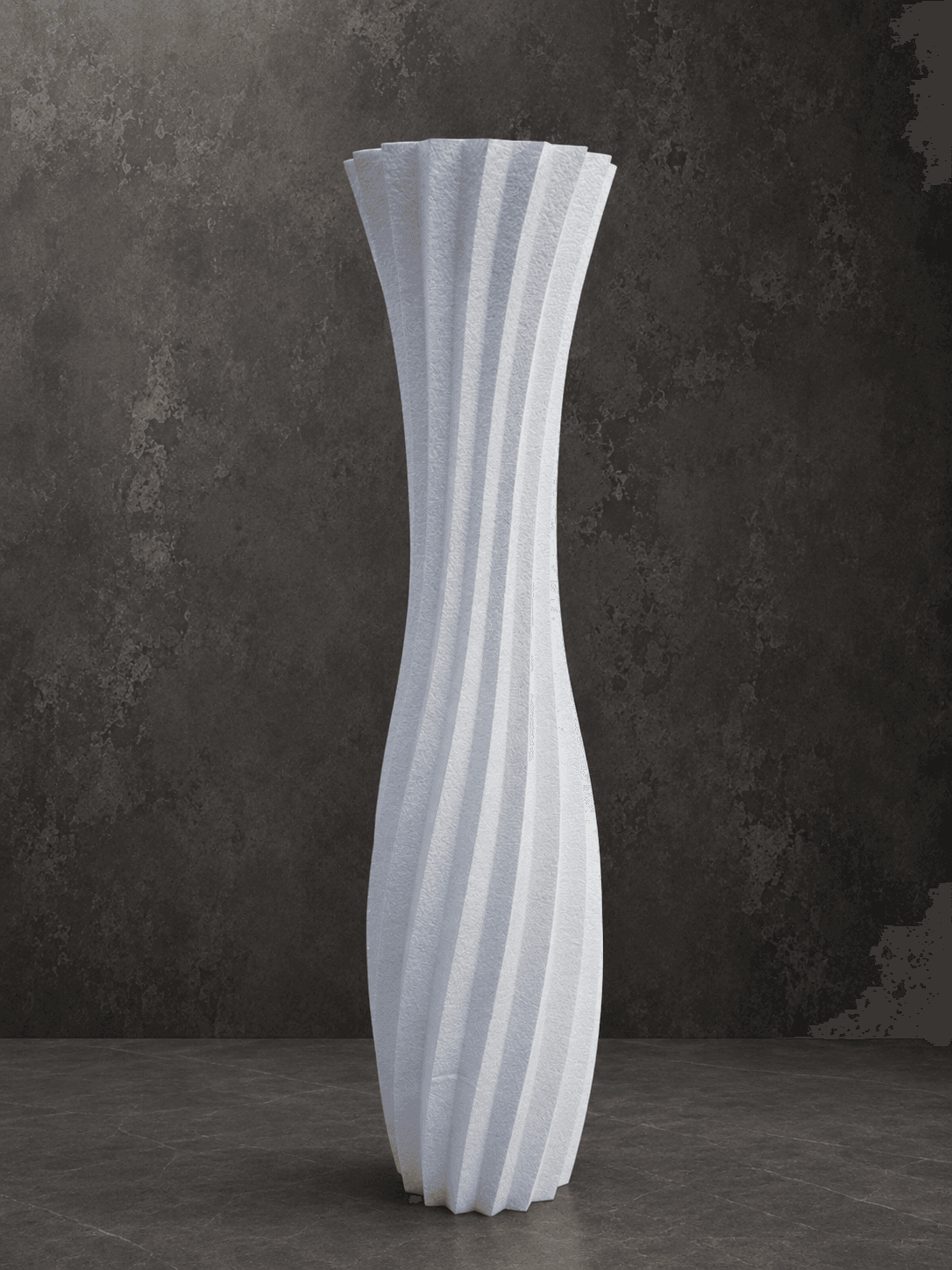 Tall white fluted sculptural vase with vertical ribbed geometry