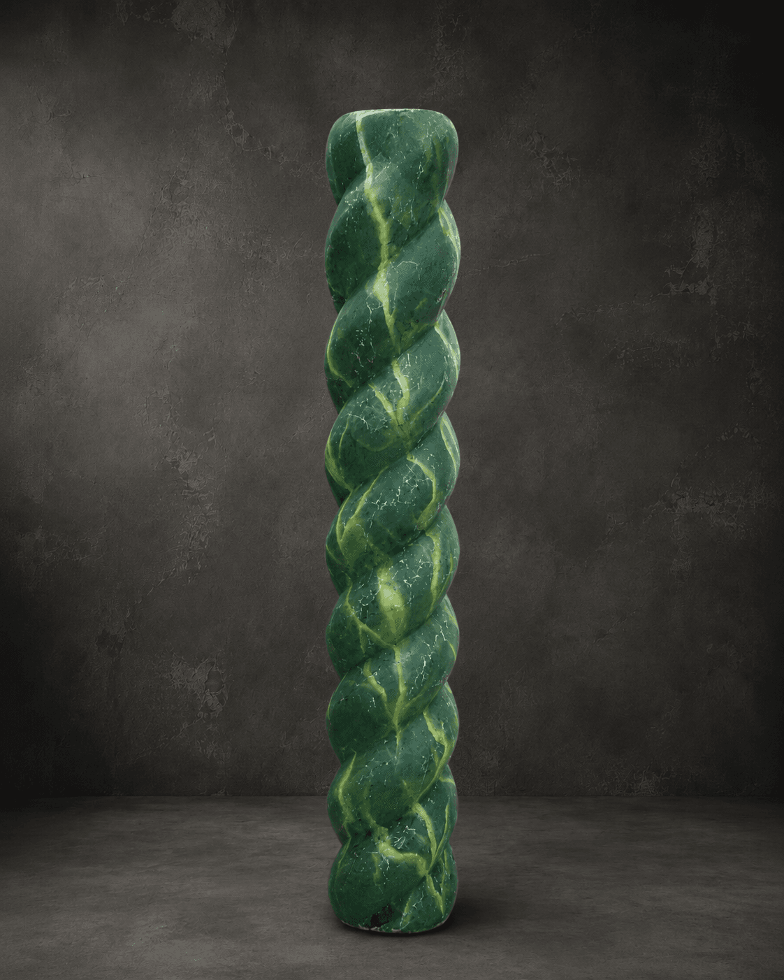 Green marble-effect twisted column form produced as a decorative architectural element