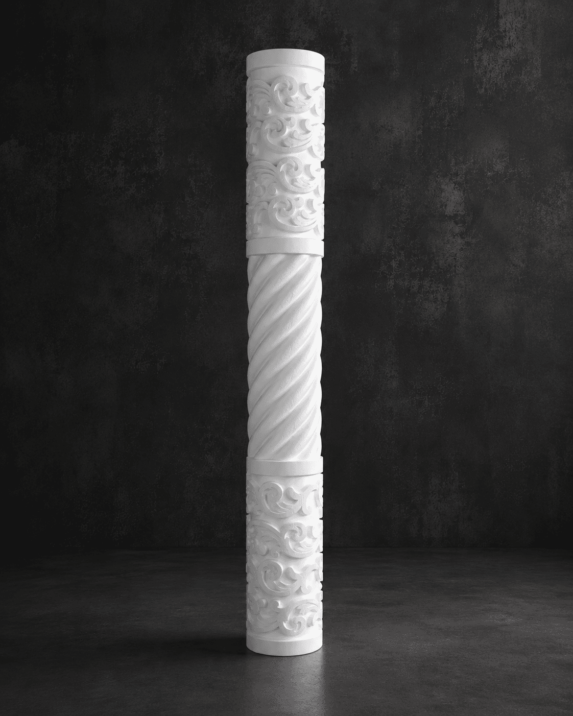 Ornamental white column shaft with carved relief details for a thematic interior