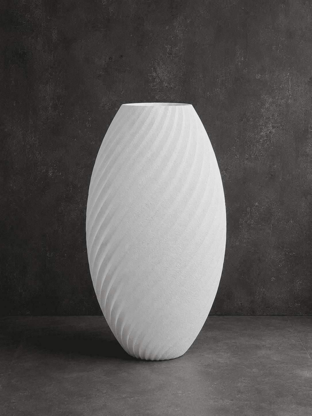 White spiral decorative vase form produced for architectural display