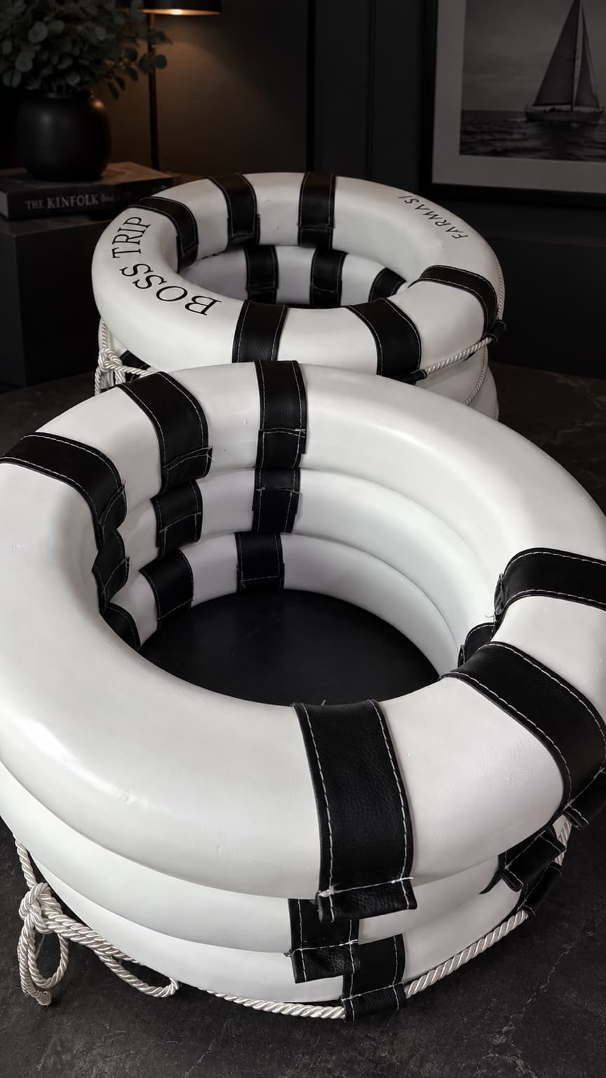White decorative rings with black straps, stitching and rope details