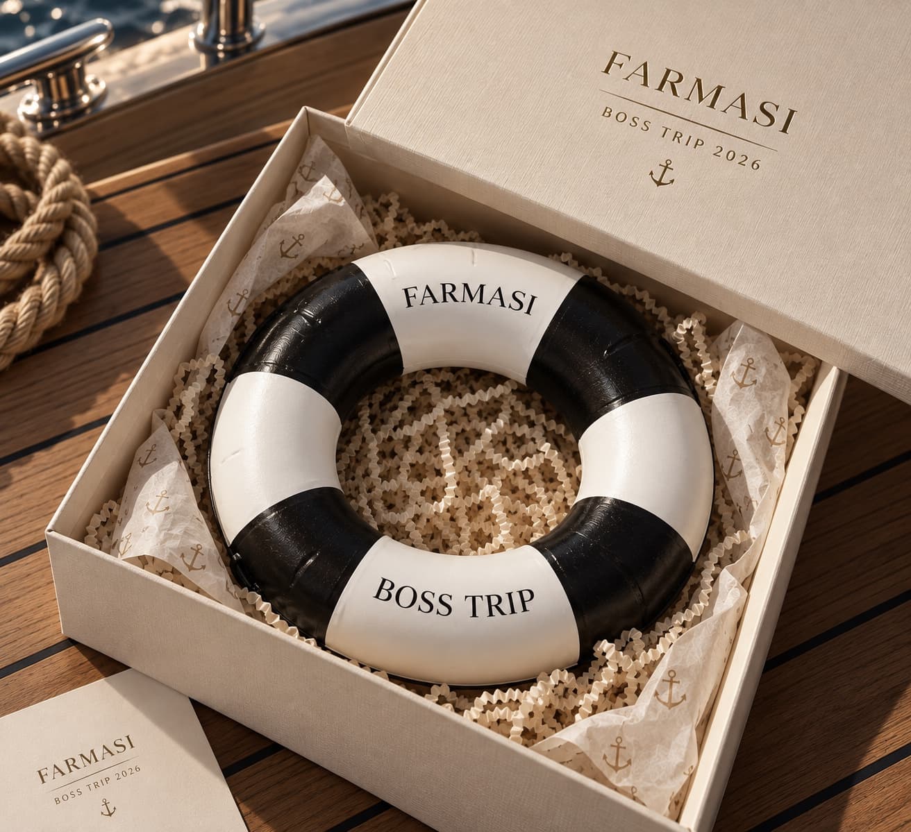 A black-and-white decorative ring in FARMASI Boss Trip presentation packaging