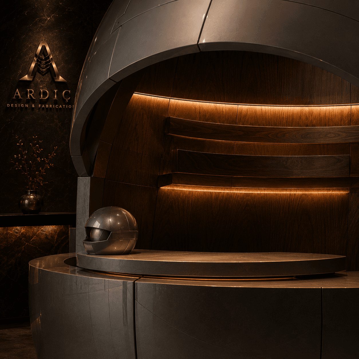 Futuristic Pod Concept reception counter with curved metallic shell and warm hidden lighting