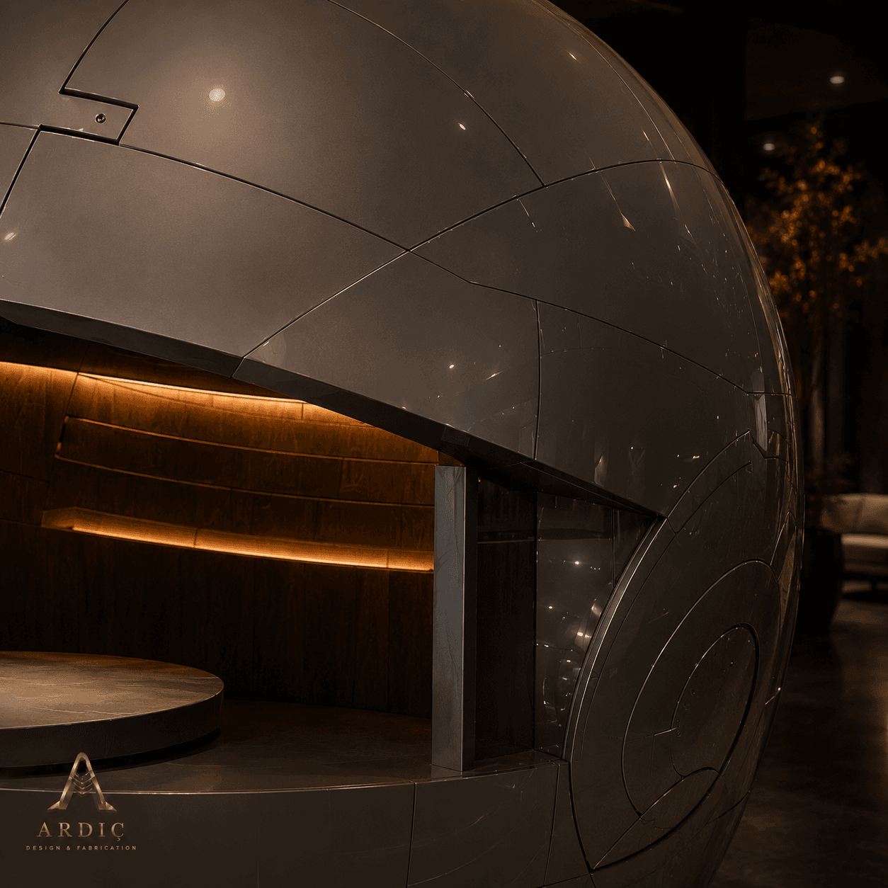 Futuristic Pod Concept close-up of glossy metallic pod shell and warm walnut interior lighting