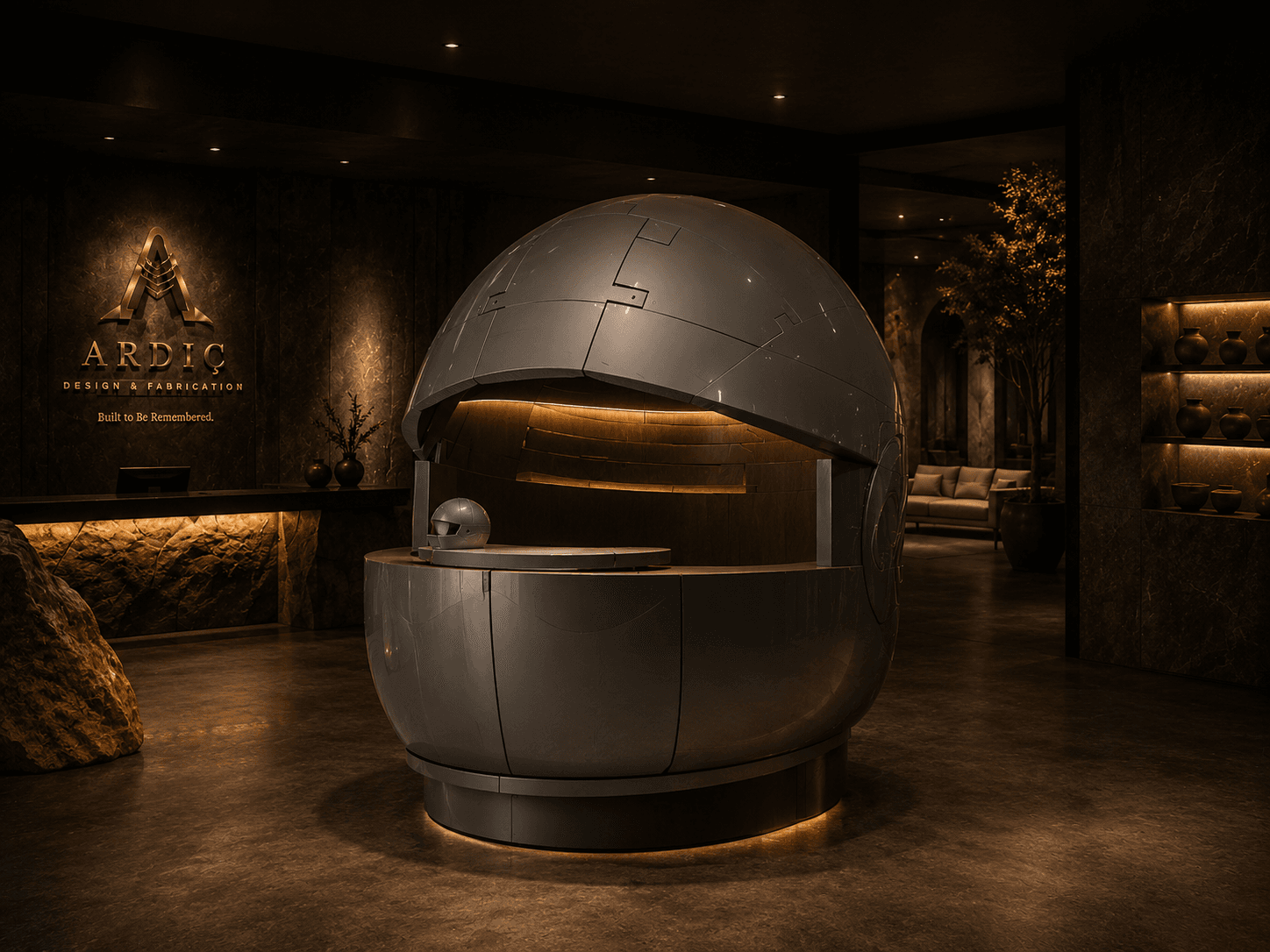 Futuristic Pod Concept interior with sculptural metallic pod and warm ambient lighting