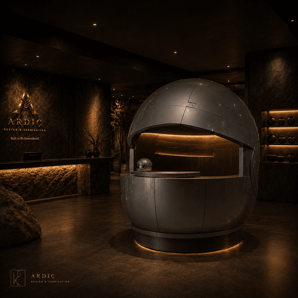 Futuristic Pod Concept interior with sculptural metallic pod and ambient lighting in a premium lobby