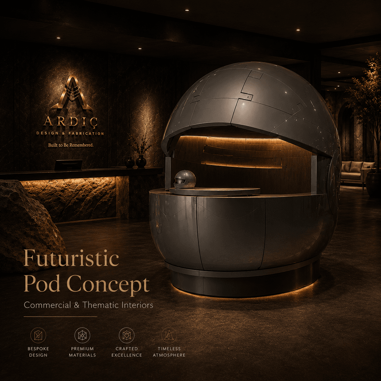 Futuristic Pod Concept presentation visual with metallic pod, dark stone flooring and brand atmosphere