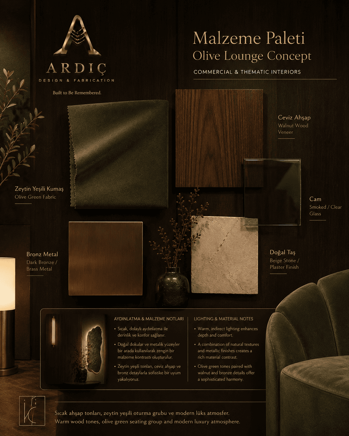 Olive Lounge Concept material palette with olive fabric, walnut wood, bronze metal, stone and smoked glass