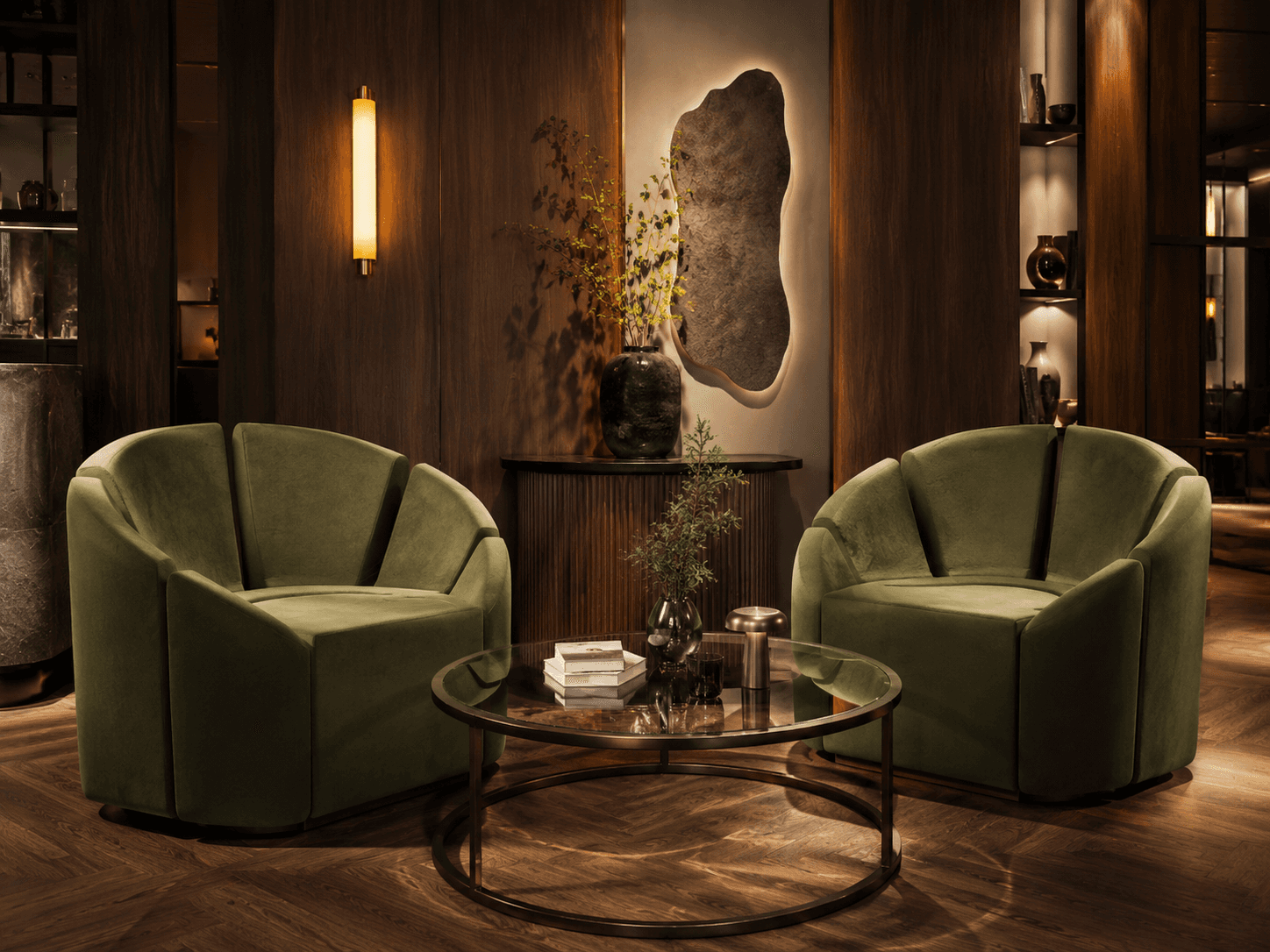 Organic stone wall feature with warm backlighting in a premium lounge interior
